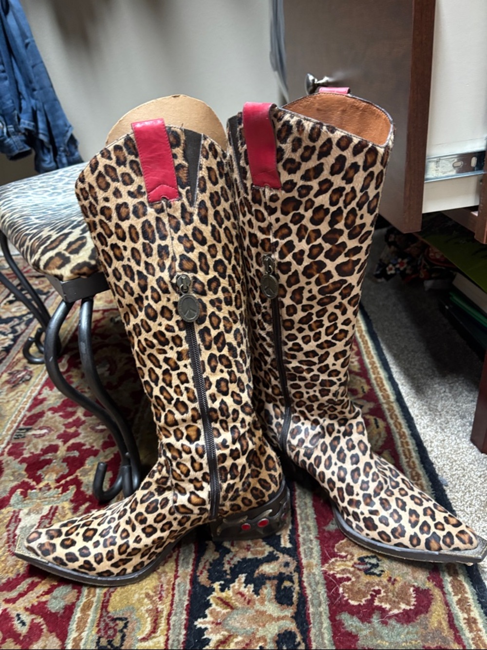 Donald J. Pliner Leopard Calf Hair Western Boots with Red Trim - 7.5